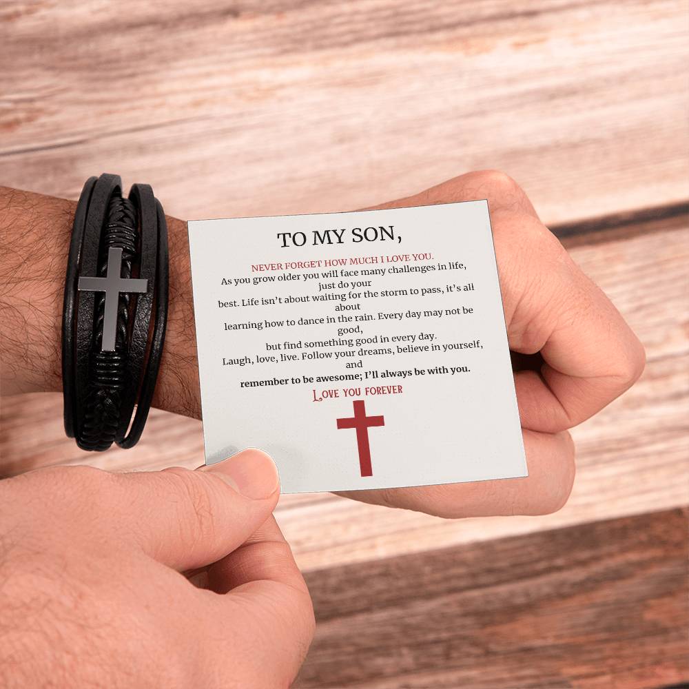 To My Son Love You Forever Leather Cross Bracelet